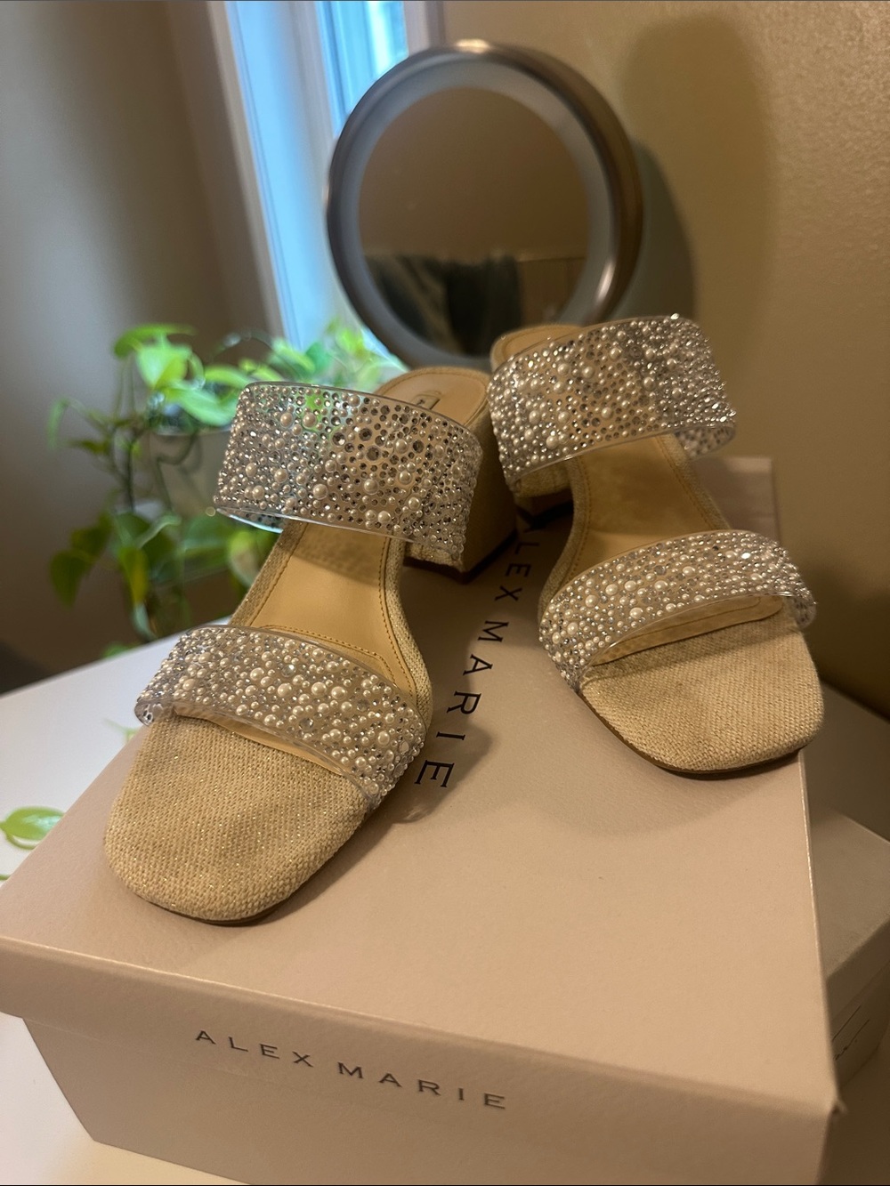 Alex Marie Pearl-Embellished Beige Block Heel Sandals